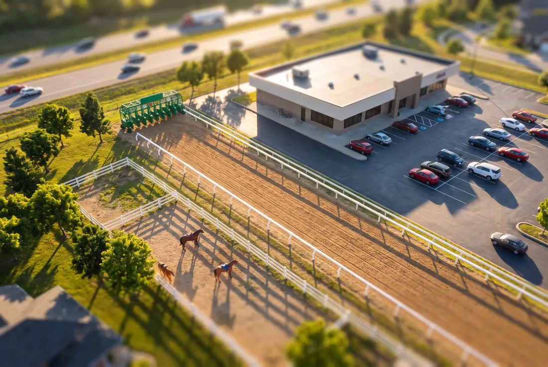 Tilt-shift miniature of a short dirt quarter-horse track with a green starting gate beside a low casino building and its parking lot