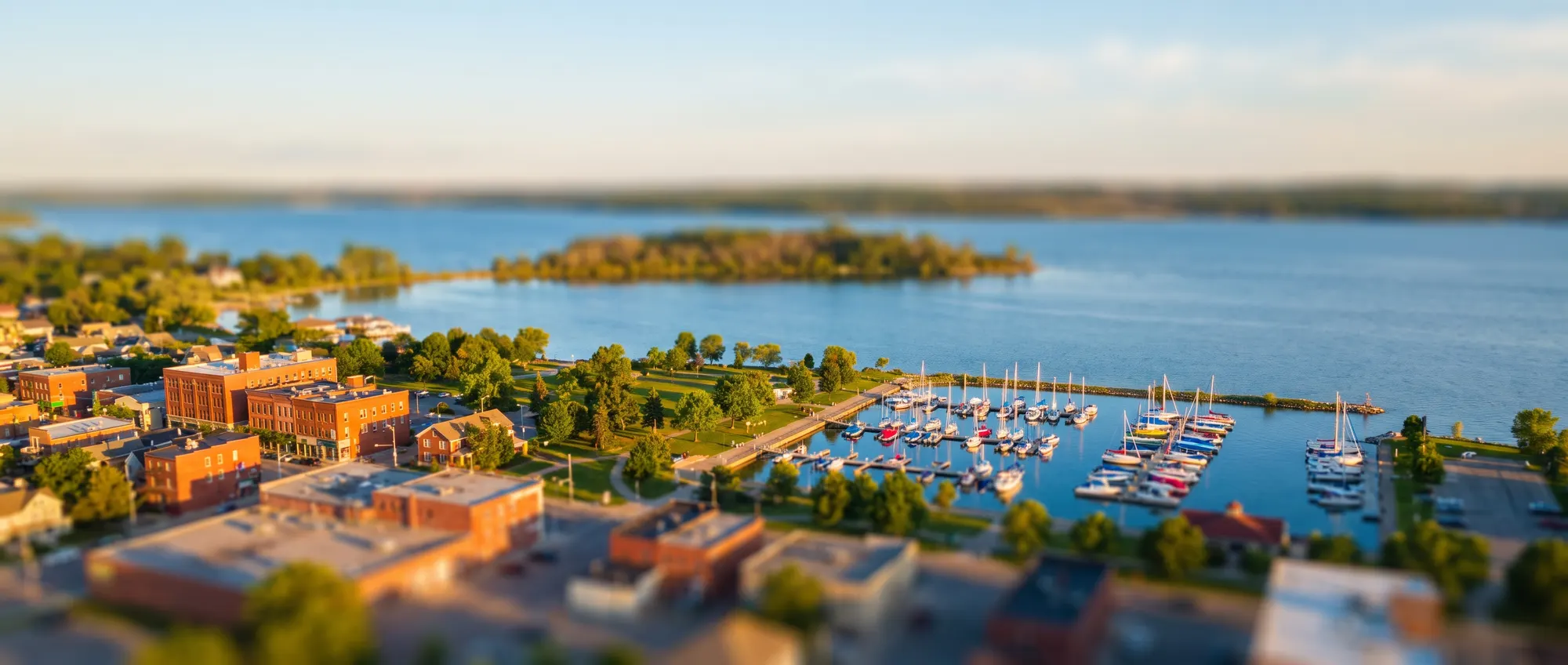 Low wooded island in a calm blue lake, seen across the water from a lakeside town in tilt-shift miniature style