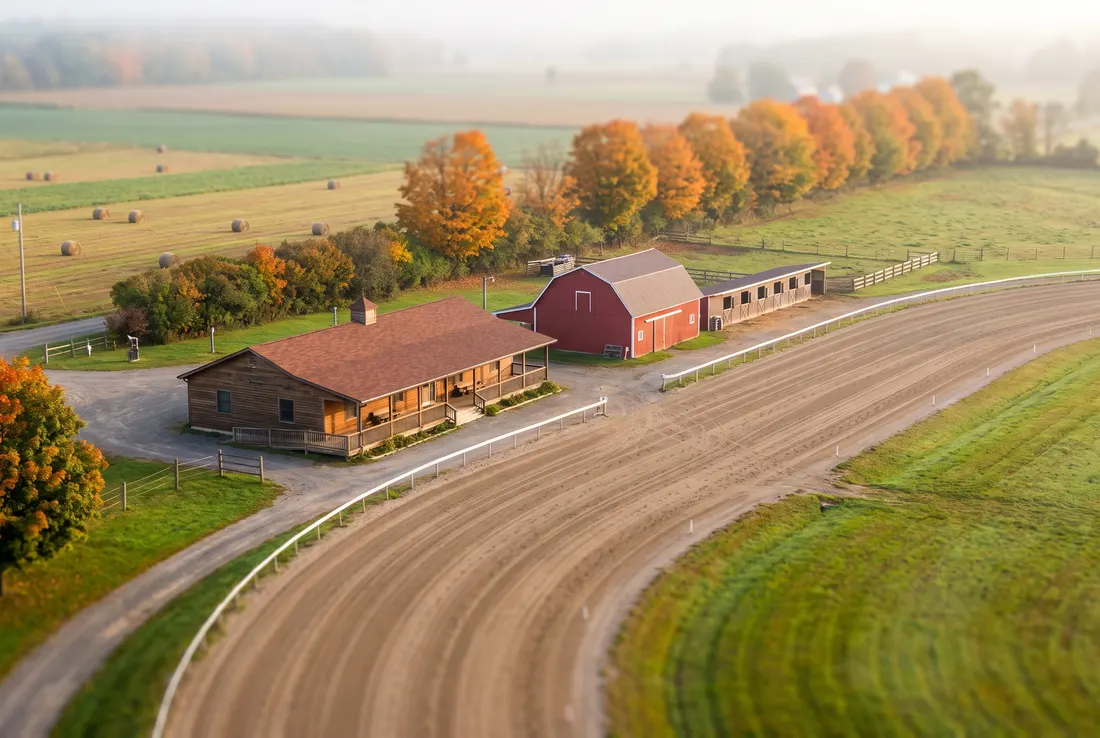 Tilt-shift miniature of a small country harness track in autumn with a clubhouse, a red barn and stables