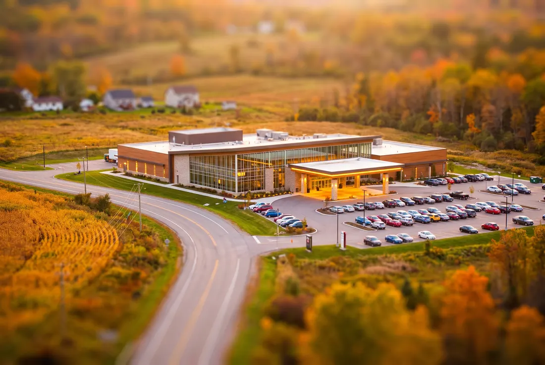 Tilt-shift miniature of a low modern casino building and its parking lot among autumn fields at the edge of a small city