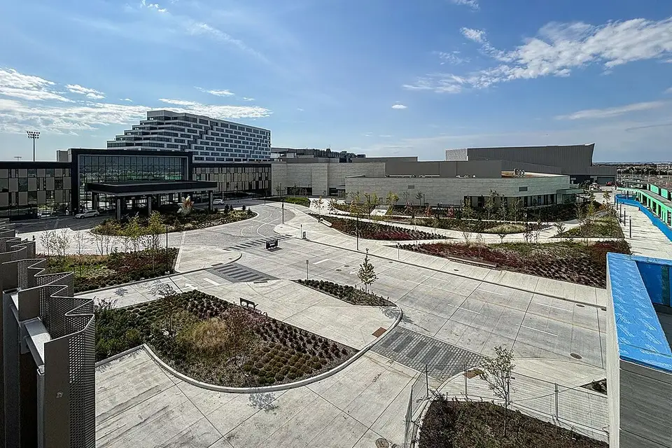Great Canadian Casino Resort Toronto and its hotel tower behind new landscaping