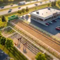 Tilt-shift miniature of a short dirt quarter-horse track with a green starting gate beside a low casino building and its parking lot
